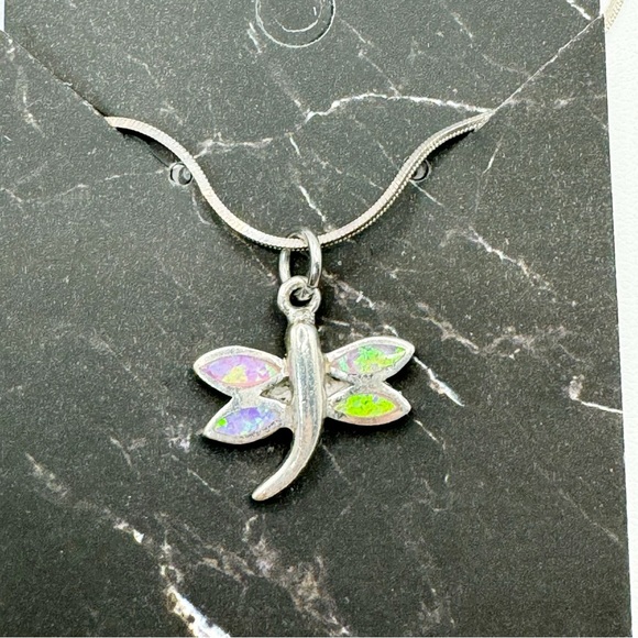 Sterling silver dragonfly necklace with opal inlay wings whimsical art nouveau - Picture 2 of 9